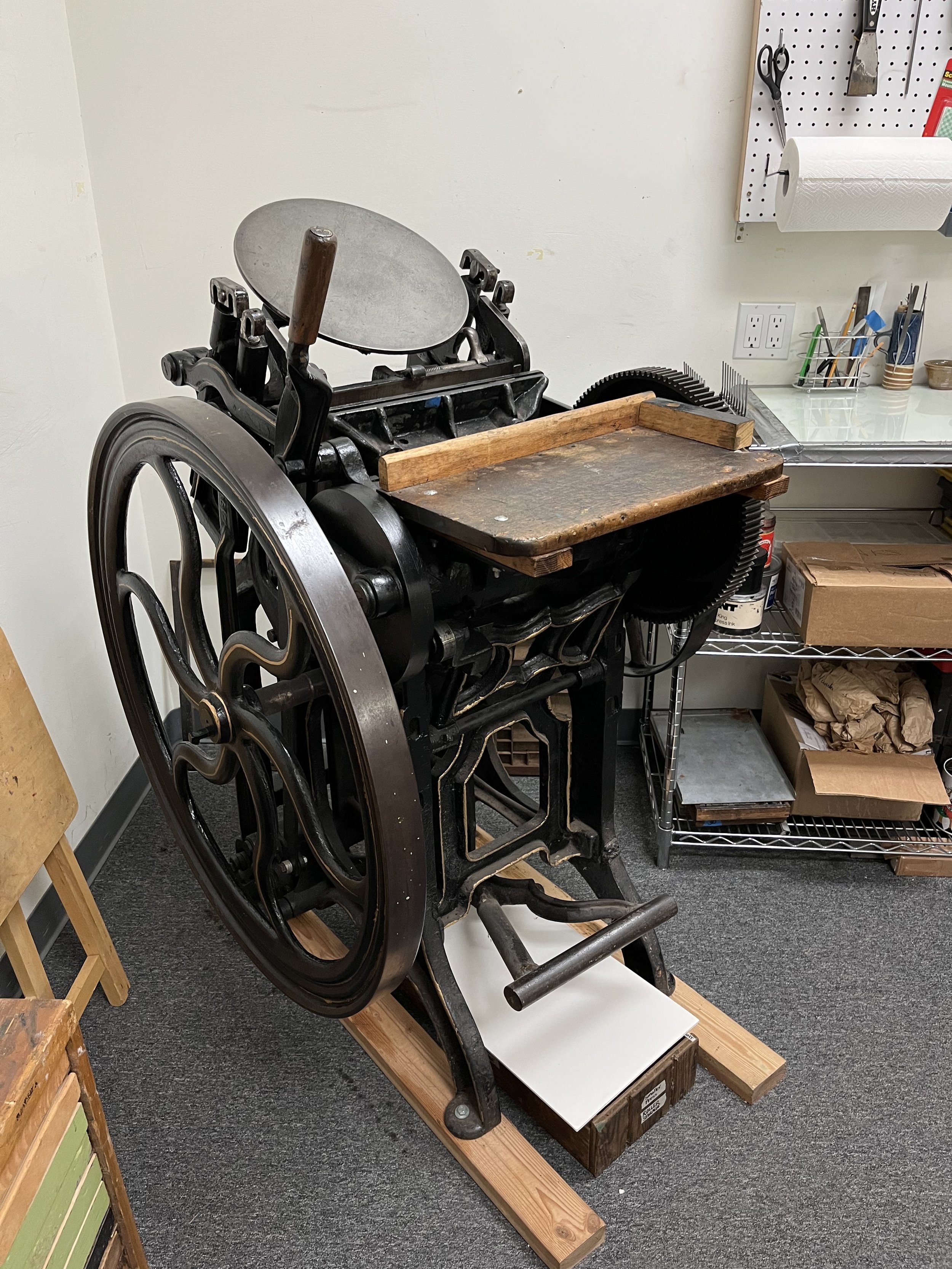 8"x12" chase, floor-model, clamshell-style, treadle-operated Challenge-Gordon platen press 