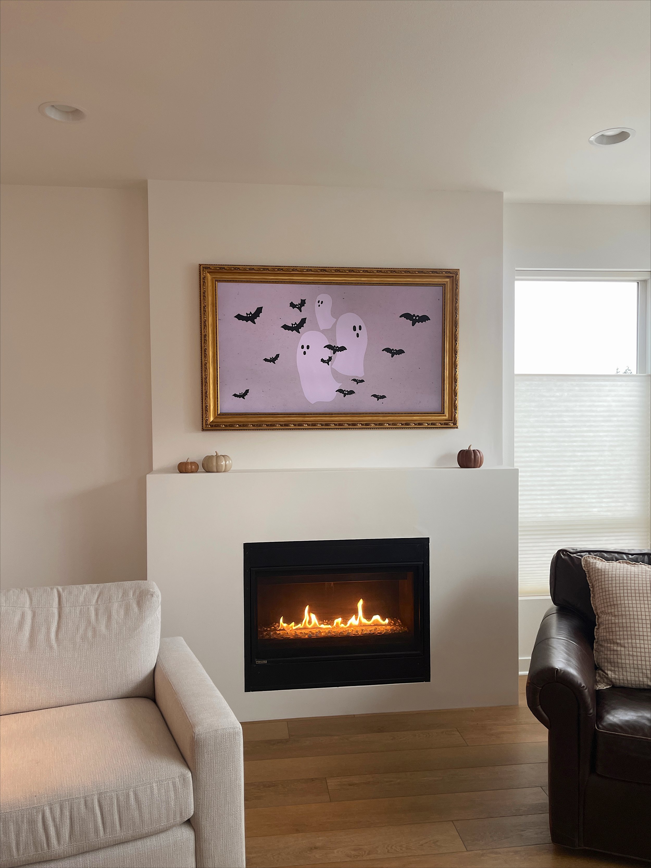 Frame TV Fall Artwork - Spooky Ghost, Fireplace, Home Renovation, Home Inspo - Bre Sheppard.JPG