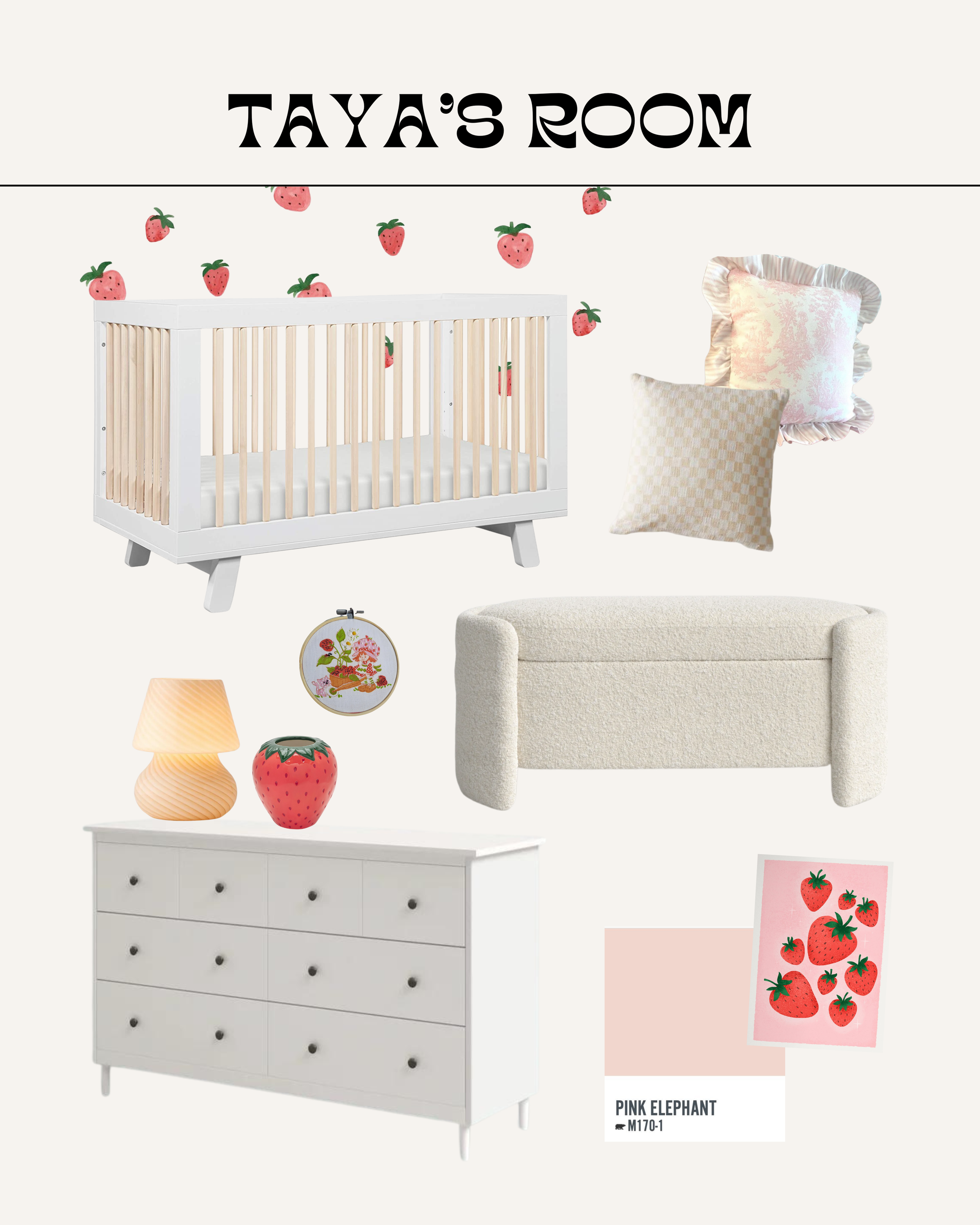 Taya's Strawberry Toddler Room, toddler bedroom, crib, babyletto, boucle toy bench, behr pink elephant pink walls, pinterest room - bresheppard.com.png