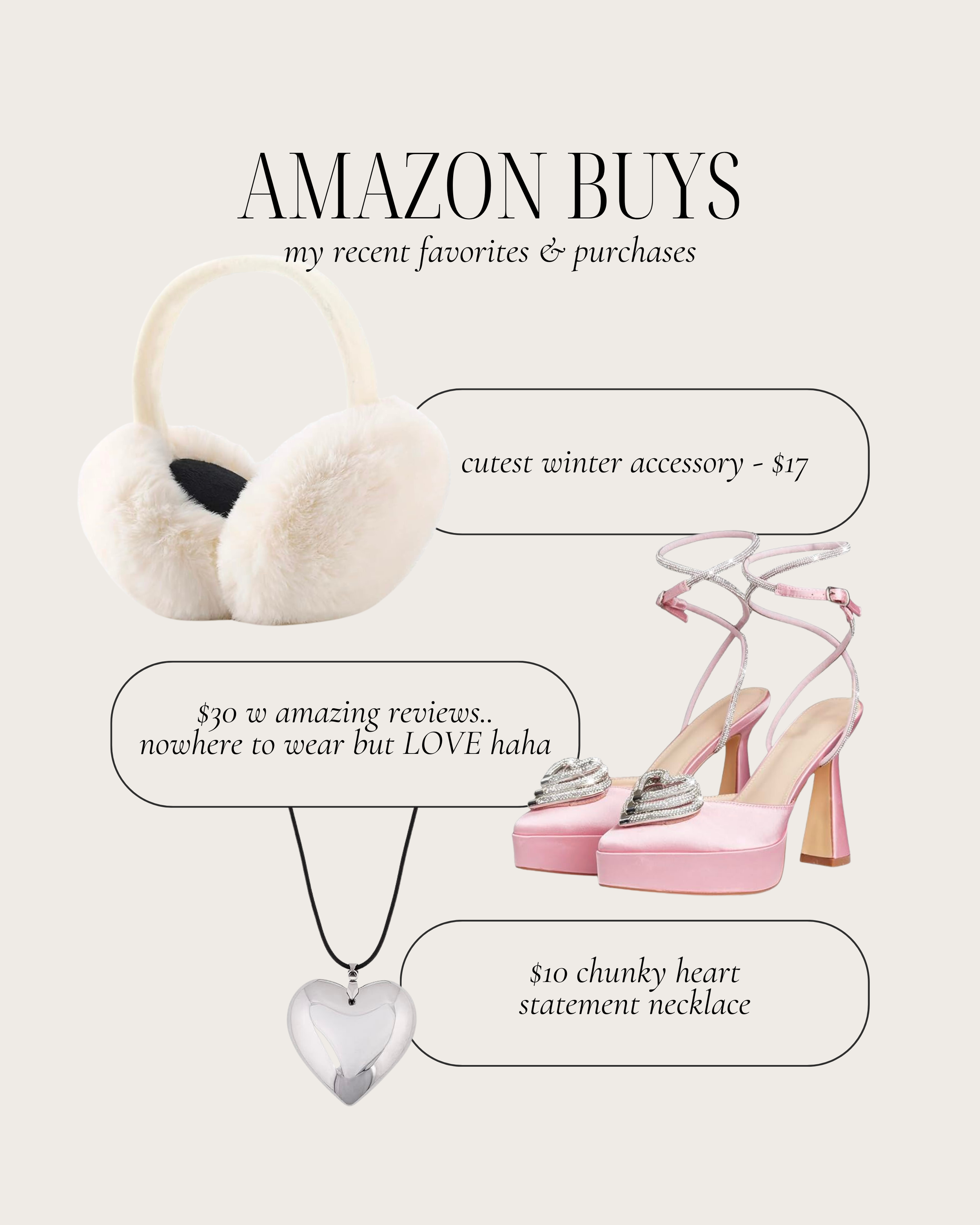 Recent Amazon Buys January 2024 - heels, fluffy earmuffs, heart necklace - amazon faves - bresheppard.com.png