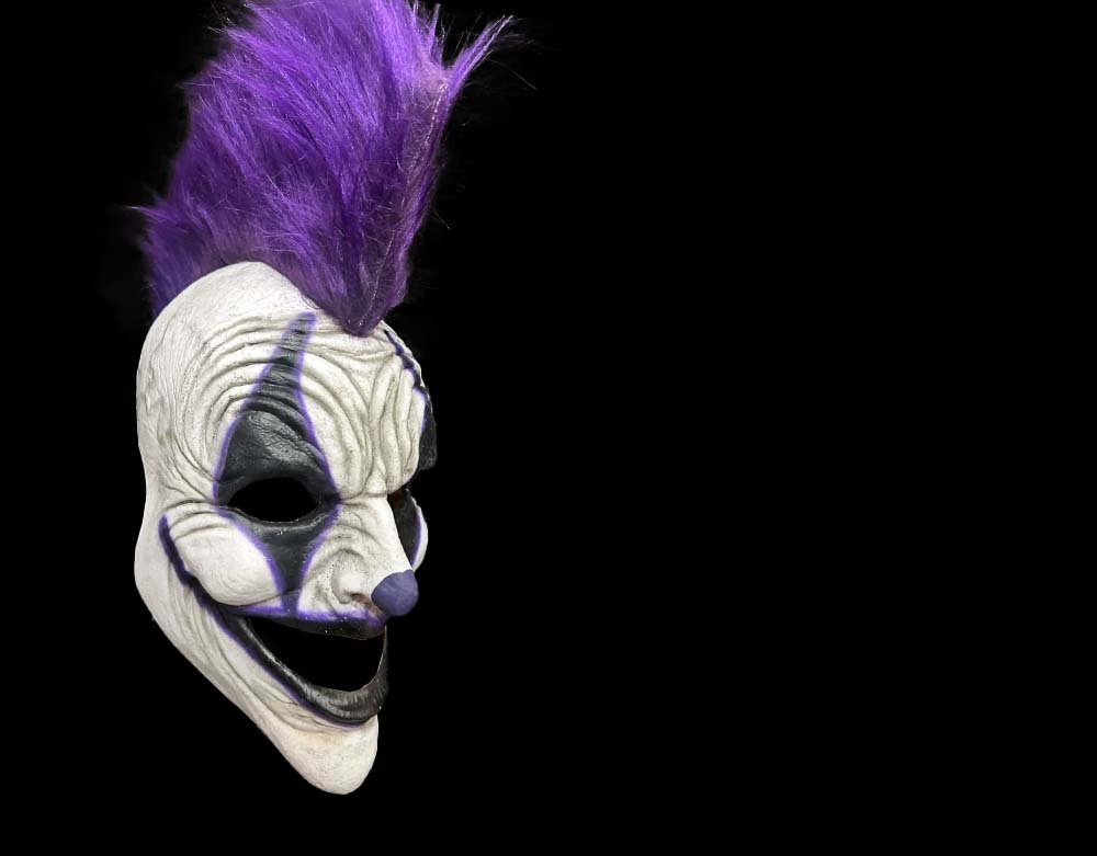 Oktober Studios - Punk Purple Mohawk Dark Web Killer Clown of Nightmares - Halloween Latex Mask - Lord Grimley's Manor