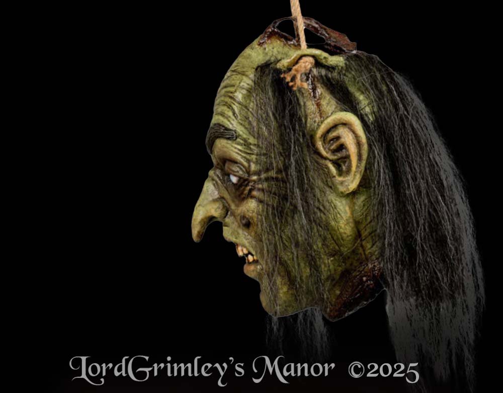 Ghoulish Productions - Headless Witch Deluxe - Green Skin Bag - Candy Pail - Halloween Prop - Lord Grimley's Manor
