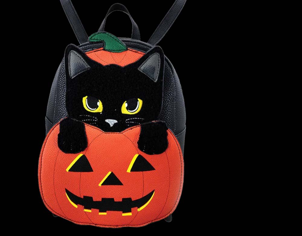 Furry Black Cat Sitting in a Pumpkin - Mini Vinyl Backpack