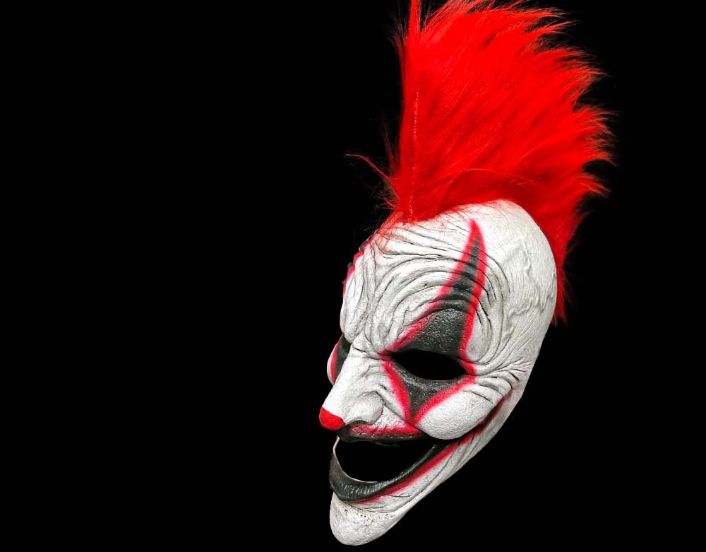 Oktober Studios - Punk Red Mohawk Dark Web Killer Clown of Nightmares - Halloween Latex Mask - Lord Grimley's Manor