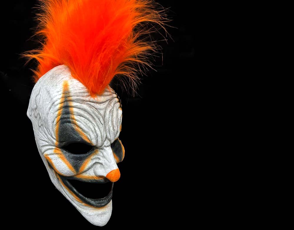 Oktober Studios - Punk Orange Mohawk Dark Web Killer Clown of Nightmares - Halloween Latex Mask - Lord Grimley's Manor