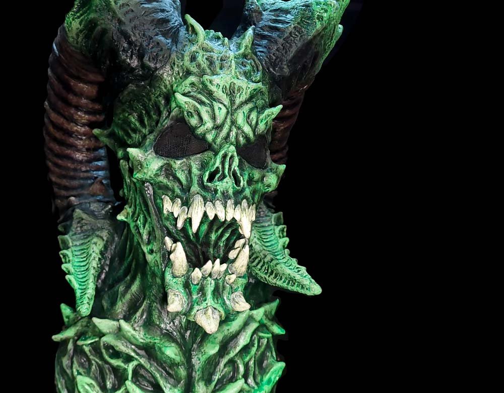 Ghoulish Productions - Lord of the Two Horns NEON Variant - Baal Hammon Latex Mask - Halloween Demon Mask - Lord Grimley's Manor