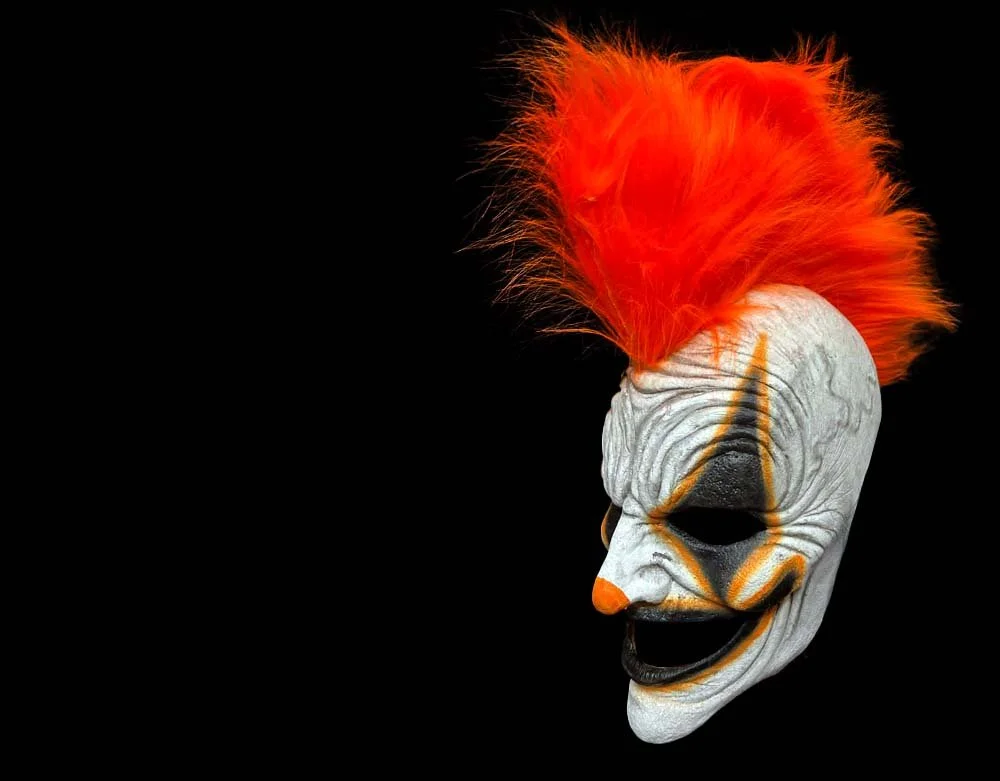 Oktober Studios - Punk Orange Mohawk Dark Web Killer Clown of Nightmares - Halloween Latex Mask - Lord Grimley's Manor