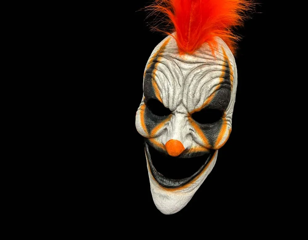 Oktober Studios - Punk Orange Mohawk Dark Web Killer Clown of Nightmares - Halloween Latex Mask - Lord Grimley's Manor
