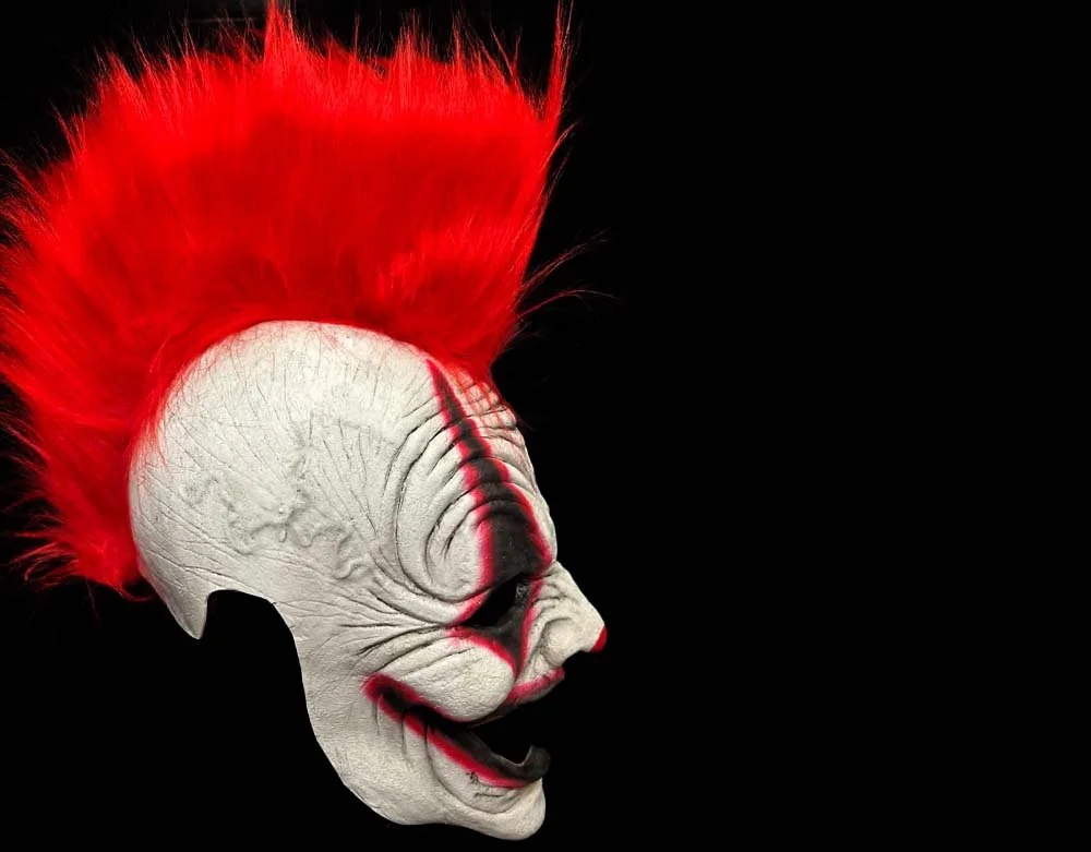 Oktober Studios - Punk Red Mohawk Dark Web Killer Clown of Nightmares - Halloween Latex Mask - Lord Grimley's Manor