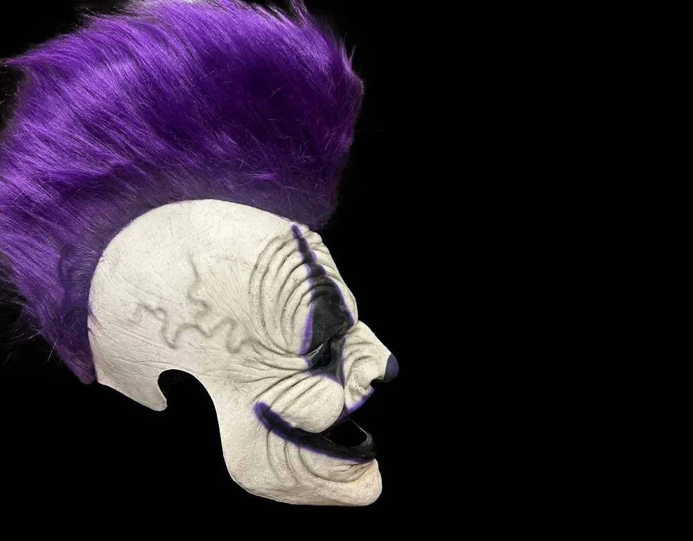 Oktober Studios - Punk Purple Mohawk Dark Web Killer Clown of Nightmares - Halloween Latex Mask - Lord Grimley's Manor