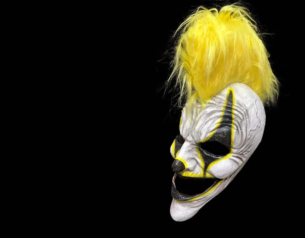 Oktober Studios - Punk Yellow Mohawk Dark Web Killer Clown of Nightmares - Halloween Latex Mask - Lord Grimley's Manor
