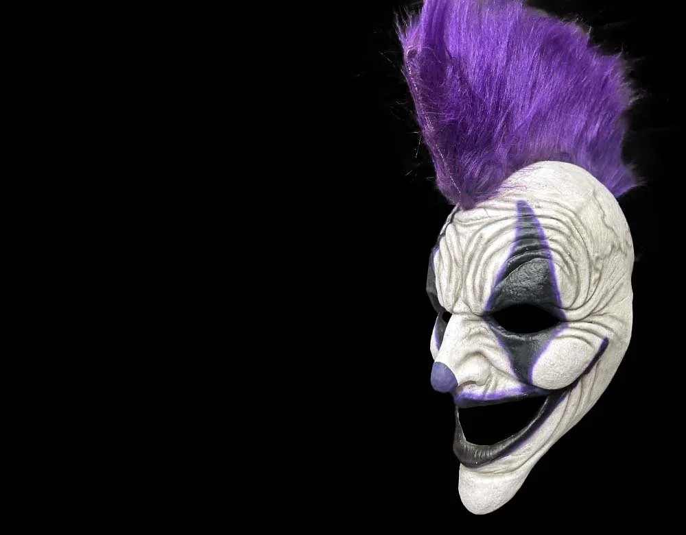 Oktober Studios - Punk Purple Mohawk Dark Web Killer Clown of Nightmares - Halloween Latex Mask - Lord Grimley's Manor