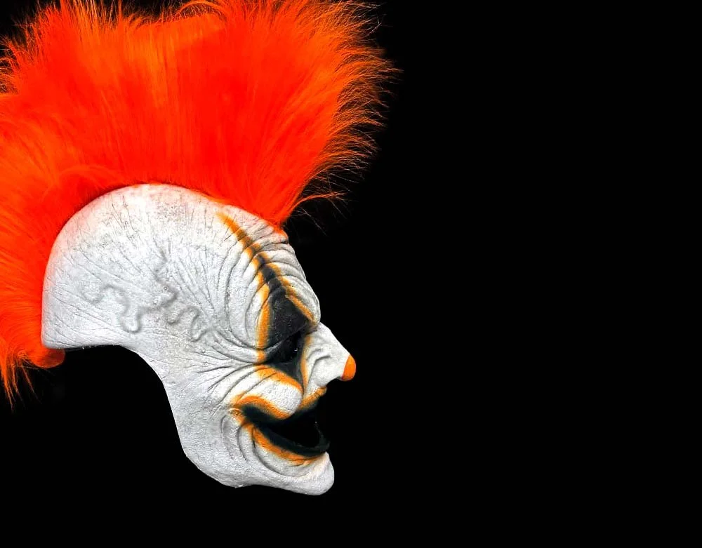 Oktober Studios - Punk Orange Mohawk Dark Web Killer Clown of Nightmares - Halloween Latex Mask - Lord Grimley's Manor