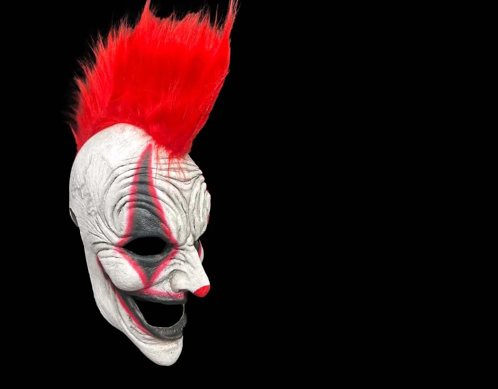 Oktober Studios - Punk Red Mohawk Dark Web Killer Clown of Nightmares - Halloween Latex Mask - Lord Grimley's Manor