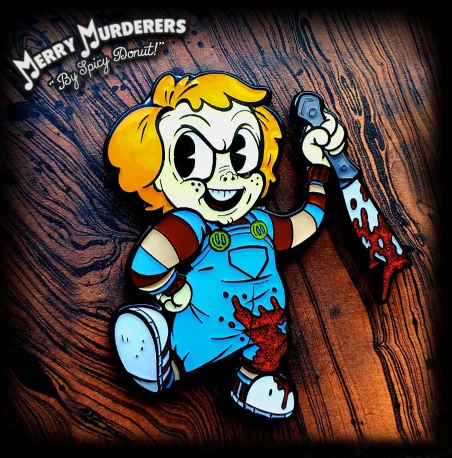 Spicy Donut - Chucky's Playland With Bloody Knife - Halloween Horror Original Color Enamel Pin With Glitter Blood - Lord Grimley's Manor