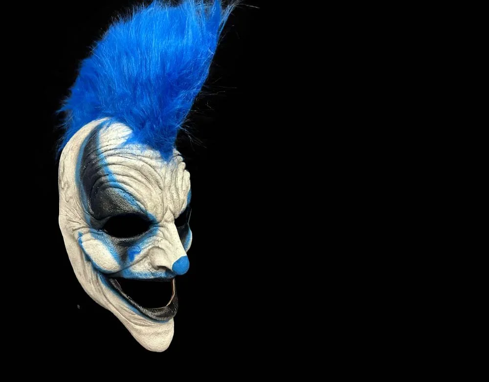 Oktober Studios - Punk Blue Mohawk Dark Web Killer Clown of Nightmares - Halloween Latex Mask - Lord Grimley's Manor