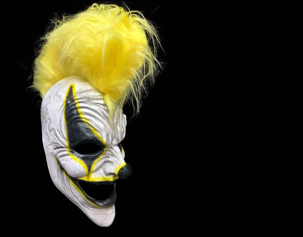 Oktober Studios - Punk Yellow Mohawk Dark Web Killer Clown of Nightmares - Halloween Latex Mask - Lord Grimley's Manor
