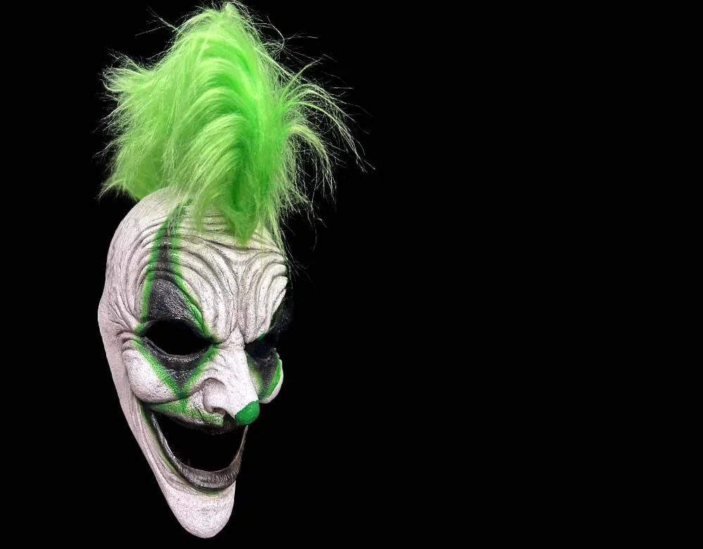 Oktober Studios - Punk Green Mohawk Dark Web Killer Clown of Nightmares - Halloween Latex Mask - Lord Grimley's Manor