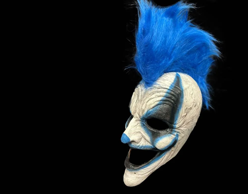 Oktober Studios - Punk Blue Mohawk Dark Web Killer Clown of Nightmares - Halloween Latex Mask - Lord Grimley's Manor