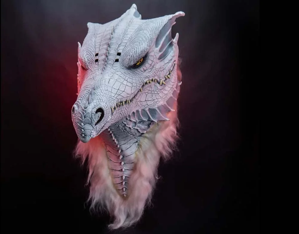 Trick or Treat Studios - Officially Licensed Illusive Concepts 200 Series White Albino Dragon - Retro Halloween Latex Mask - Lord Grimley's Manor