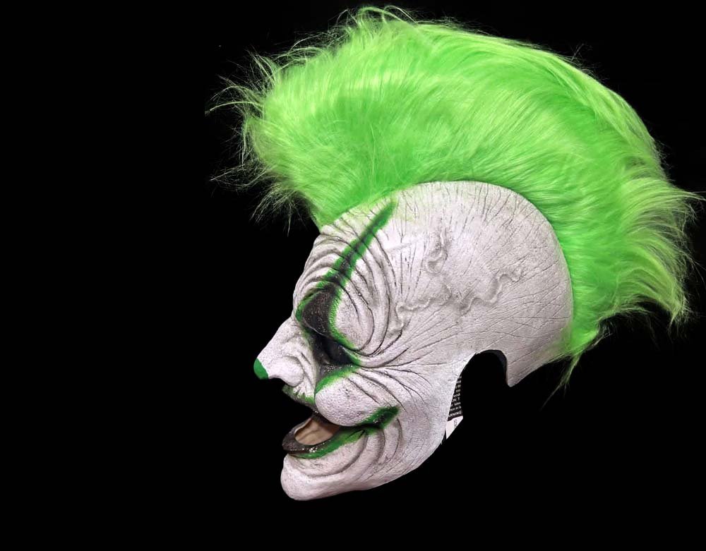 Oktober Studios - Punk Green Mohawk Dark Web Killer Clown of Nightmares - Halloween Latex Mask - Lord Grimley's Manor