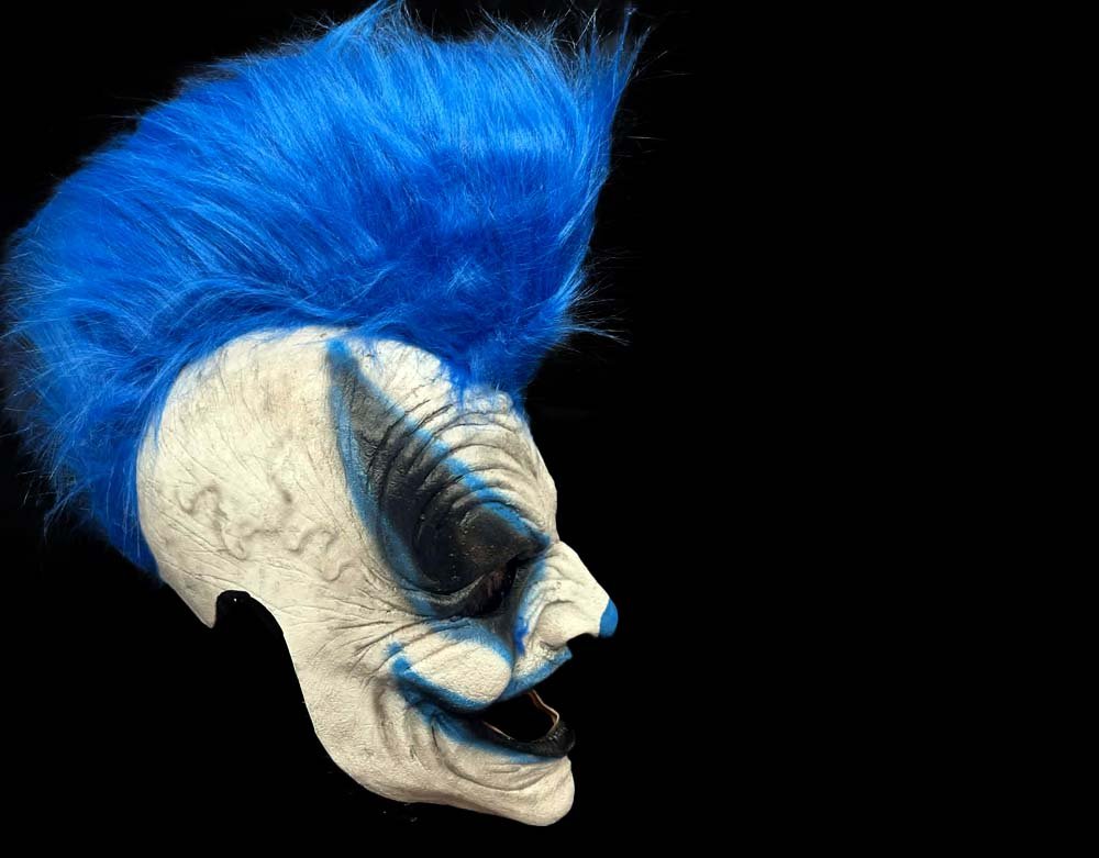 Oktober Studios - Punk Blue Mohawk Dark Web Killer Clown of Nightmares - Halloween Latex Mask - Lord Grimley's Manor