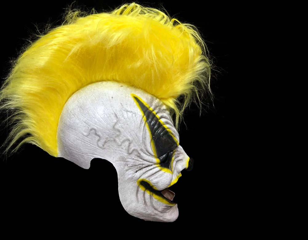 Oktober Studios - Punk Yellow Mohawk Dark Web Killer Clown of Nightmares - Halloween Latex Mask - Lord Grimley's Manor