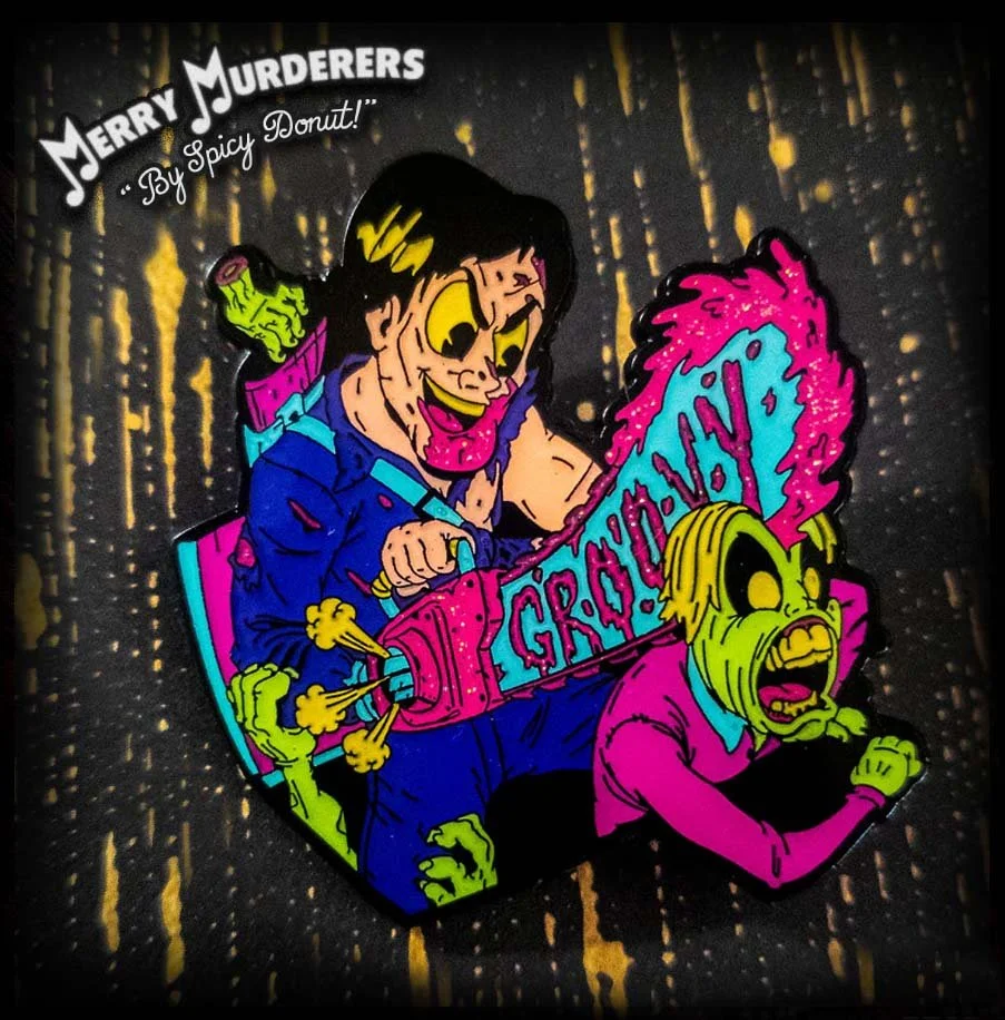 Spicy Donut - Groovy Ash Chainsaw - Halloween Horror Neon Enamel Pin With Glitter Blood - Lord Grimley's Manor