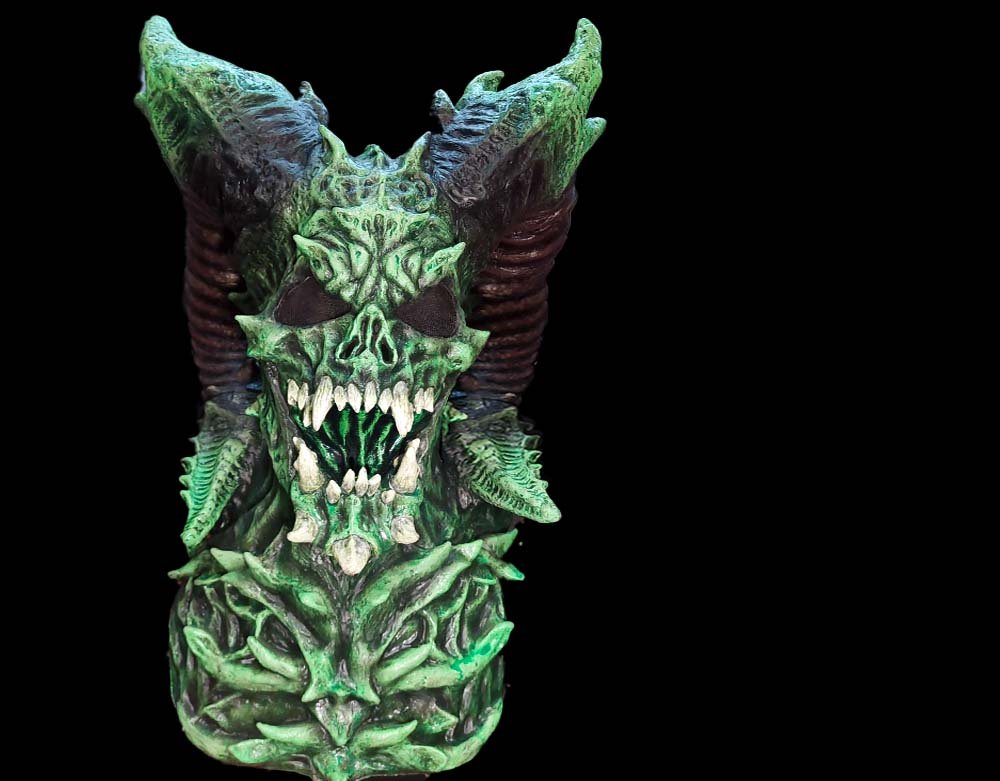 Ghoulish Productions - Lord of the Two Horns NEON Variant - Baal Hammon Latex Mask - Halloween Demon Mask - Lord Grimley's Manor