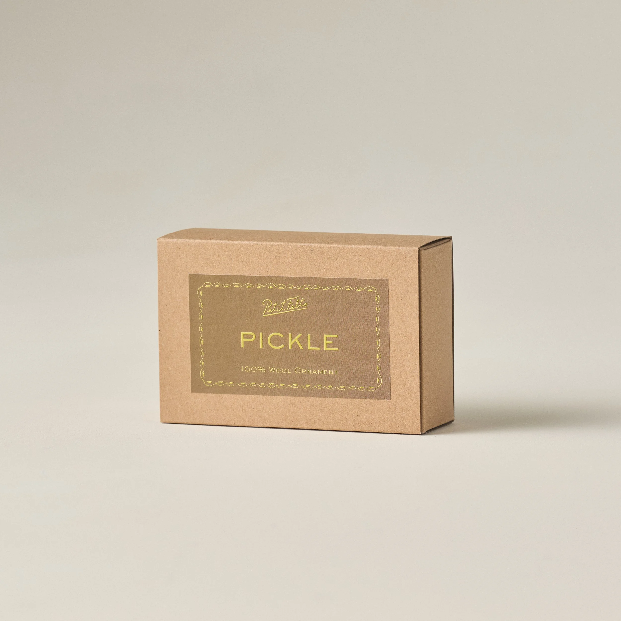 PetitFelts Pickle ornament box displayed on an angle