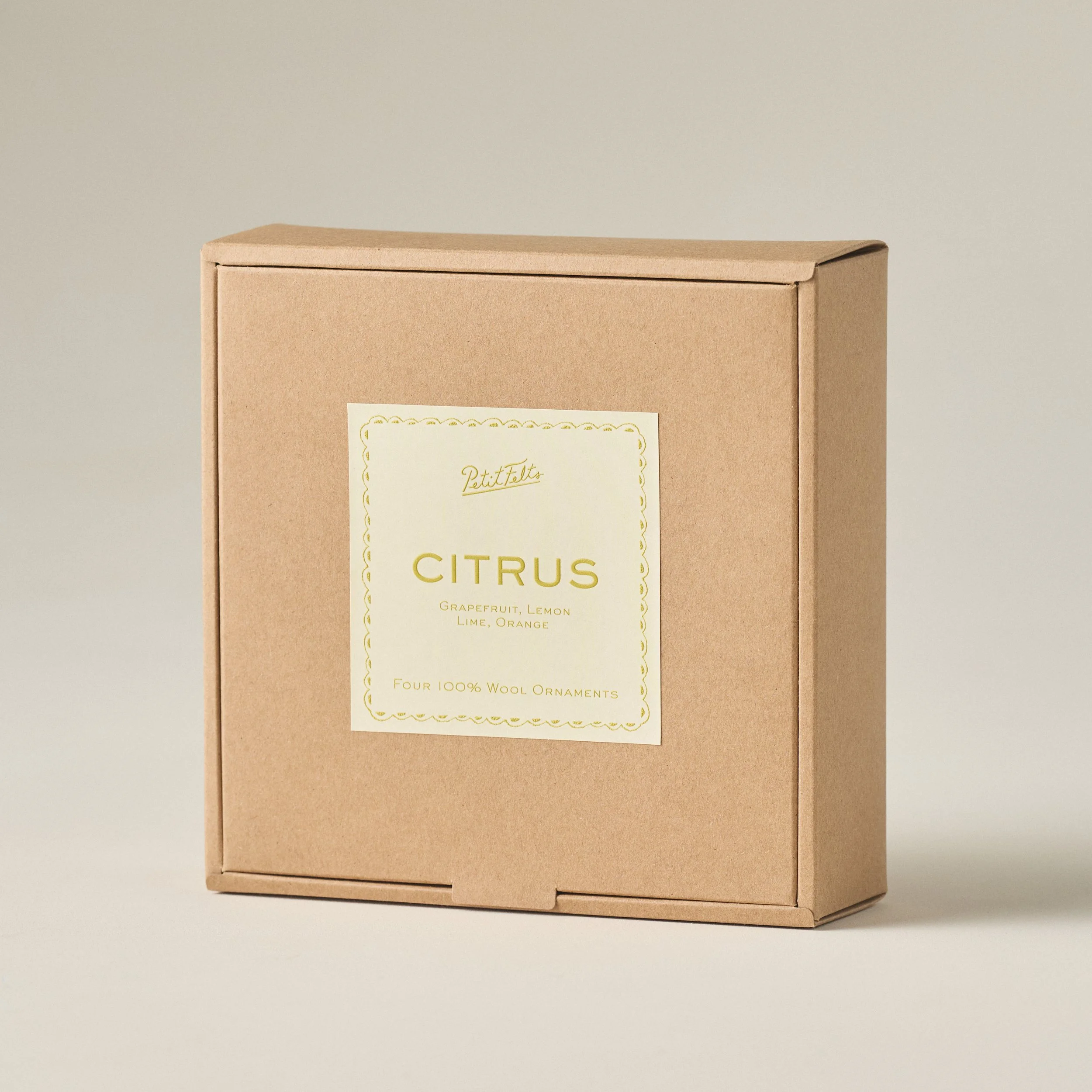 PetitFelts Citrus ornament box photographed on an angle