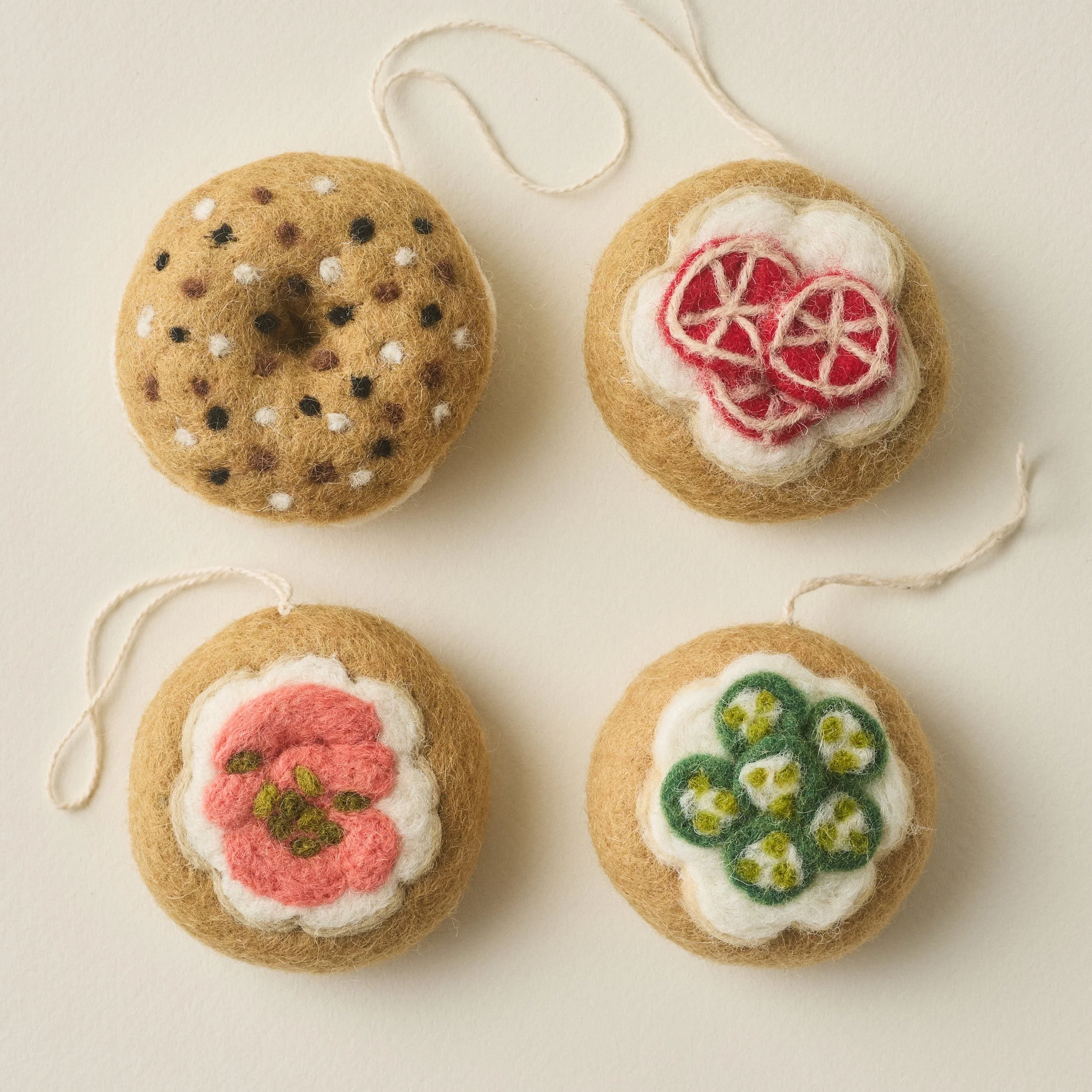 PetitFelts cucumber, everything, tomato and lox felted wool bagel ornaments