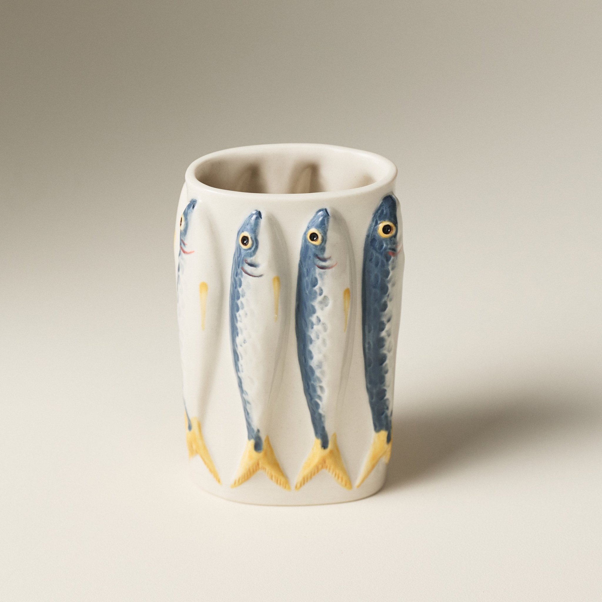 PetitFelts Julian ceramic vase, hand-painted with blue sardine design