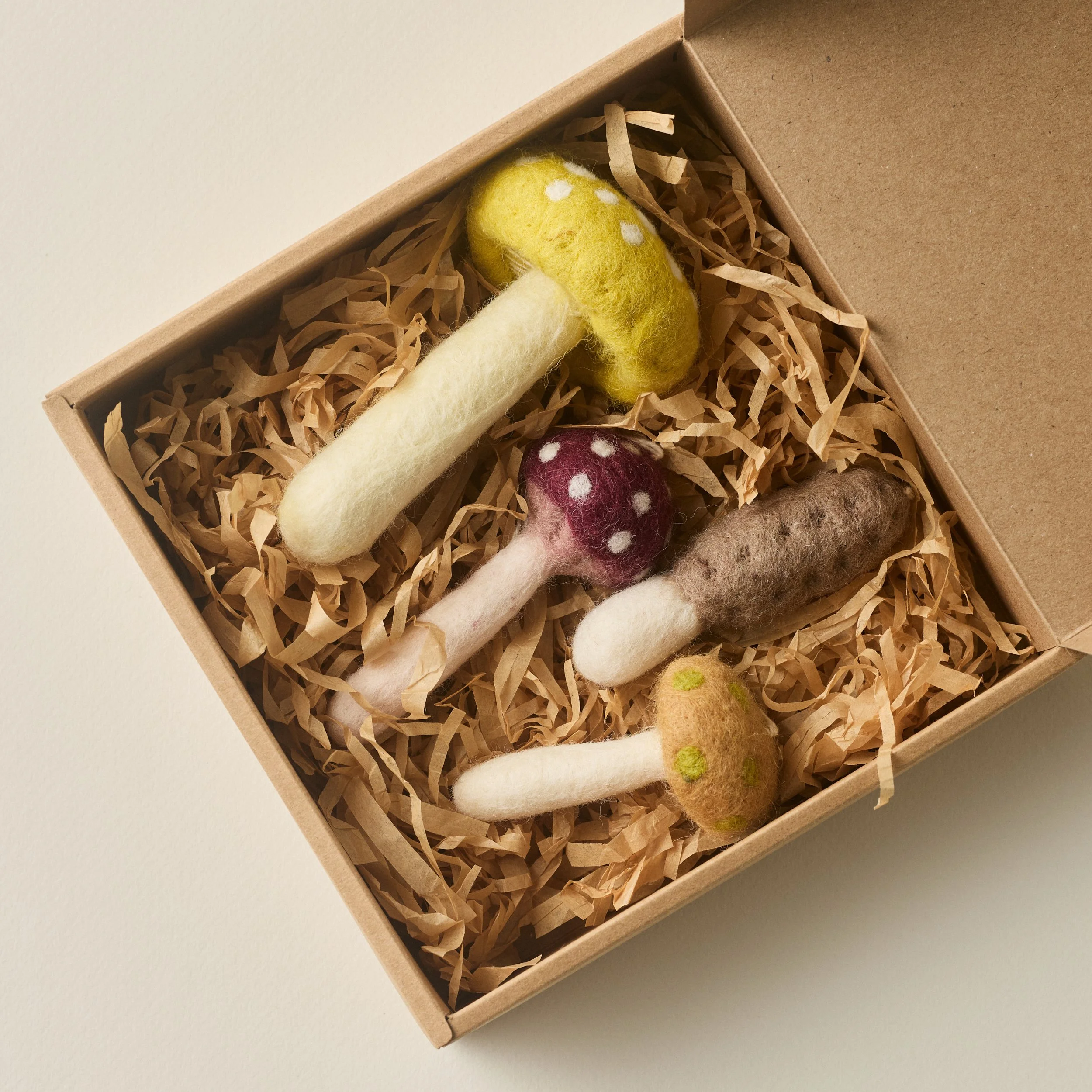 PetitFelts Mushroom Christmas Ornament Set box with lid open displaying the mushrooms inside