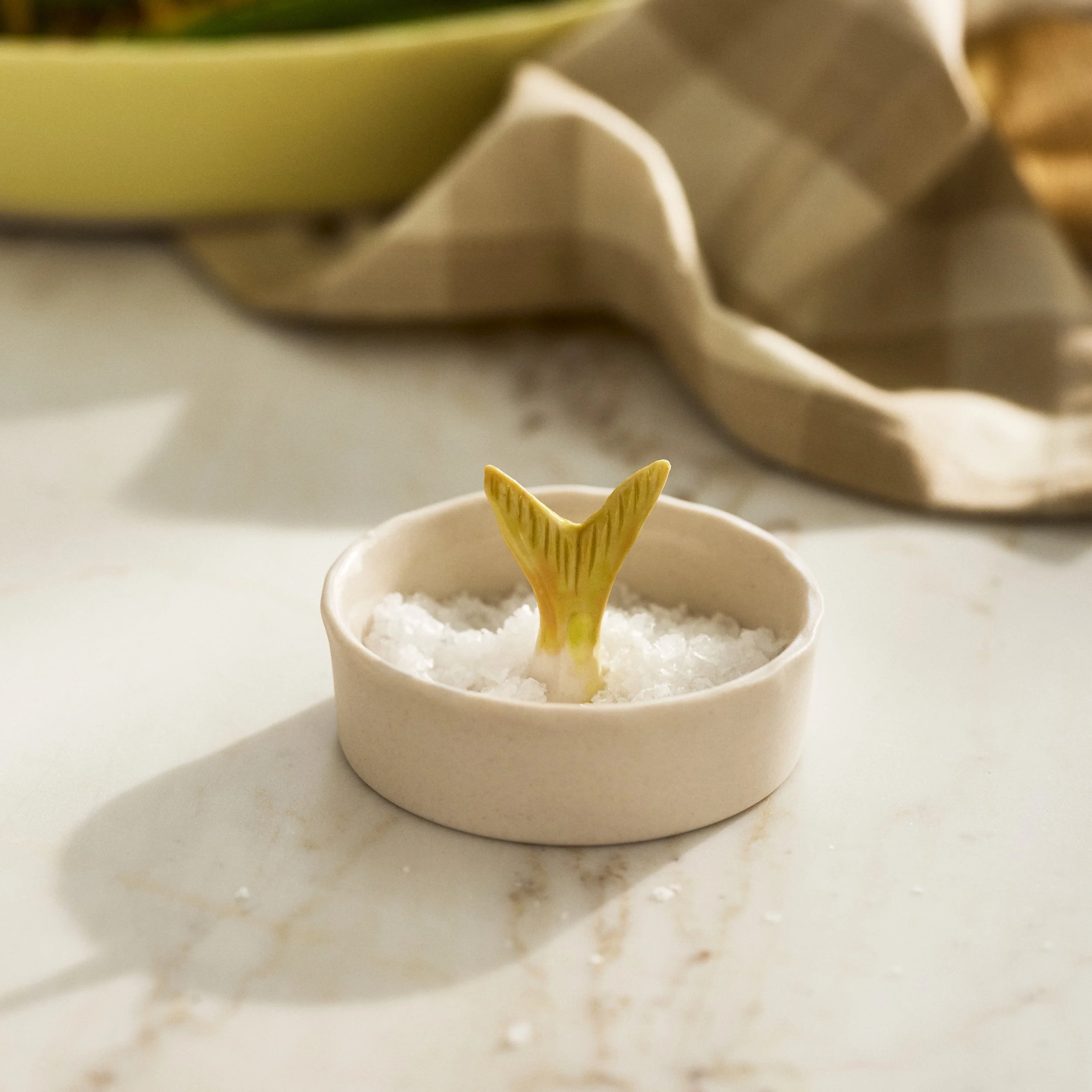 PetitFelts Julian Tail Moonflower ceramic salt dish filled with salt in kitchen