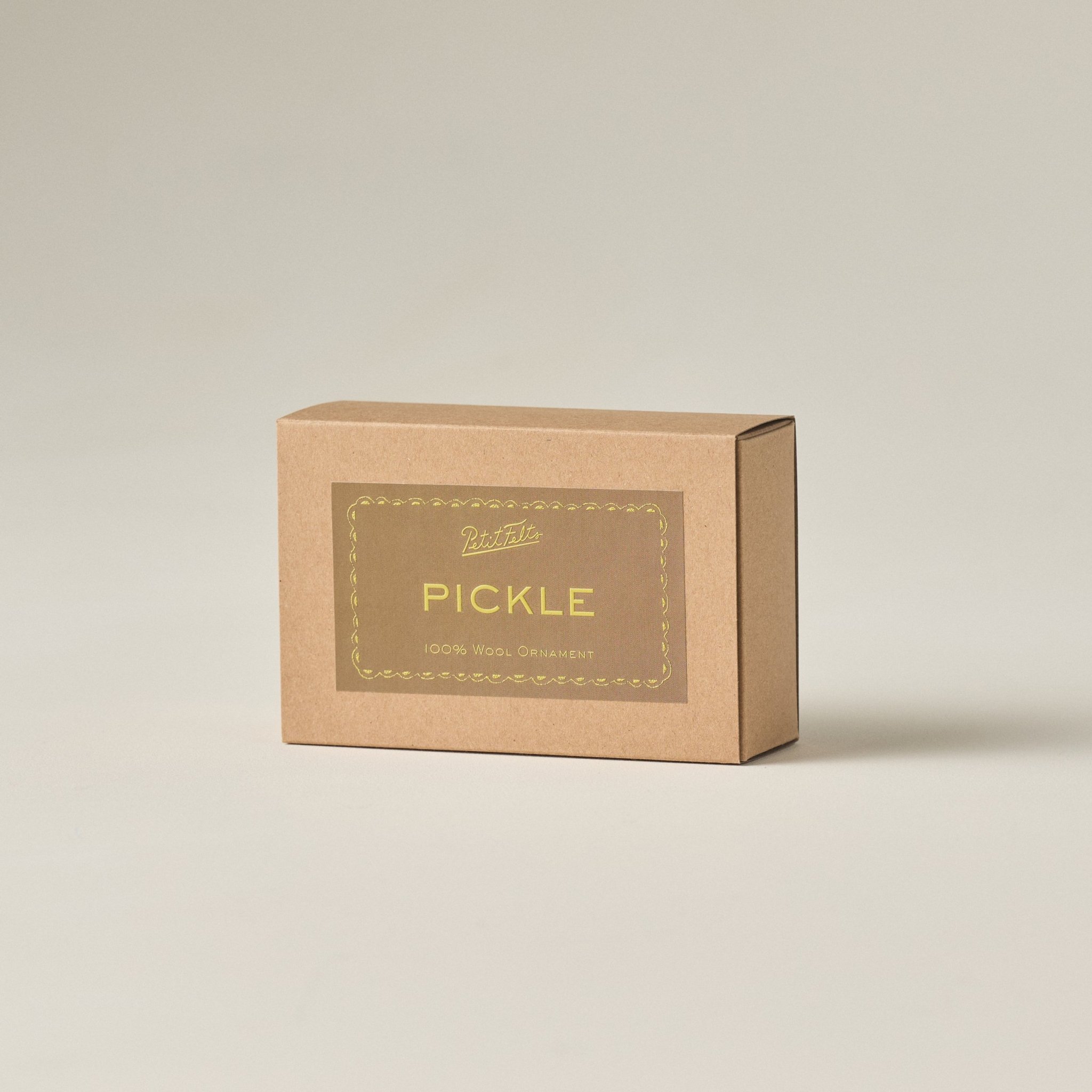 PetitFelts Pickle ornament box displayed on an angle