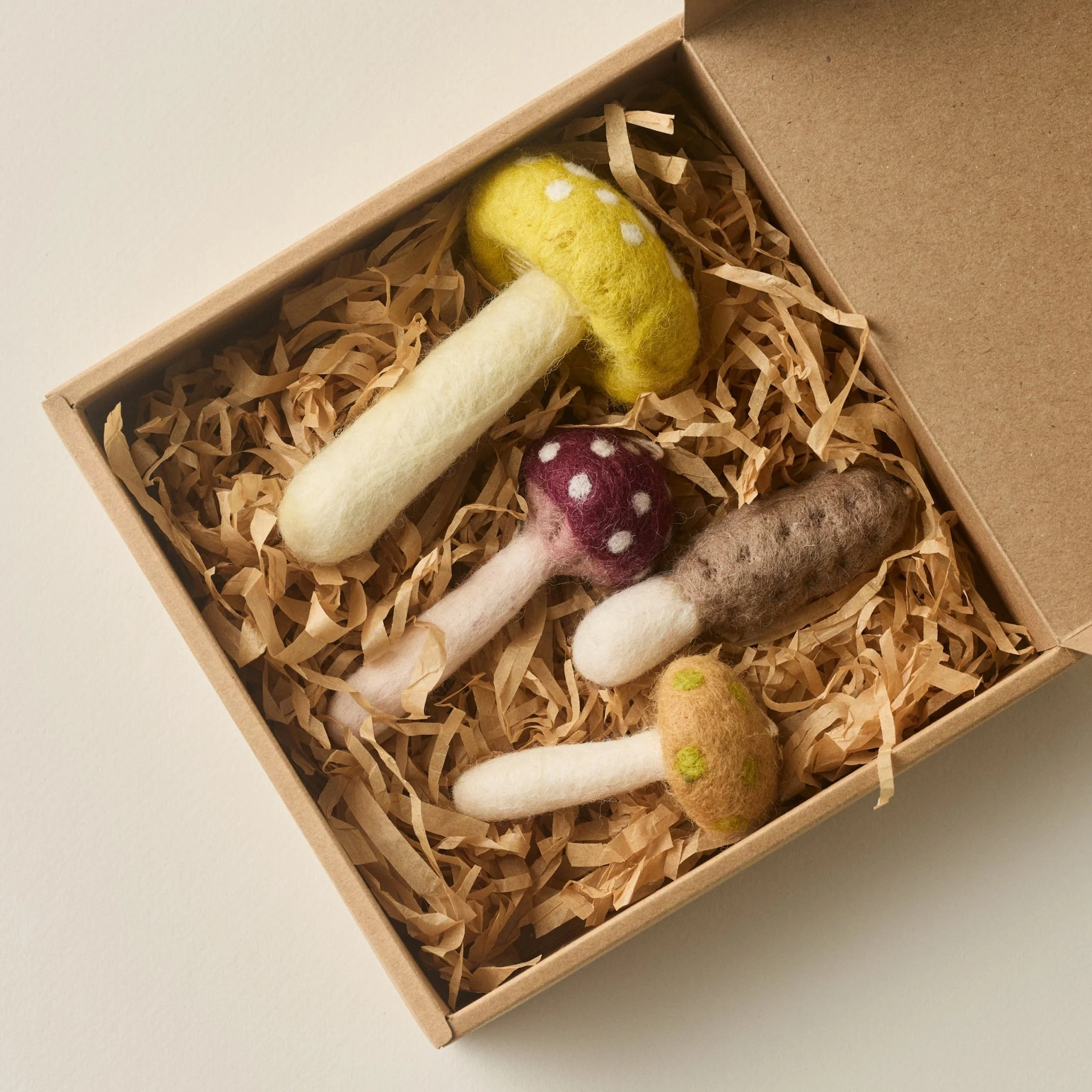 PetitFelts Mushroom Christmas Ornament Set box with lid open displaying the mushrooms inside