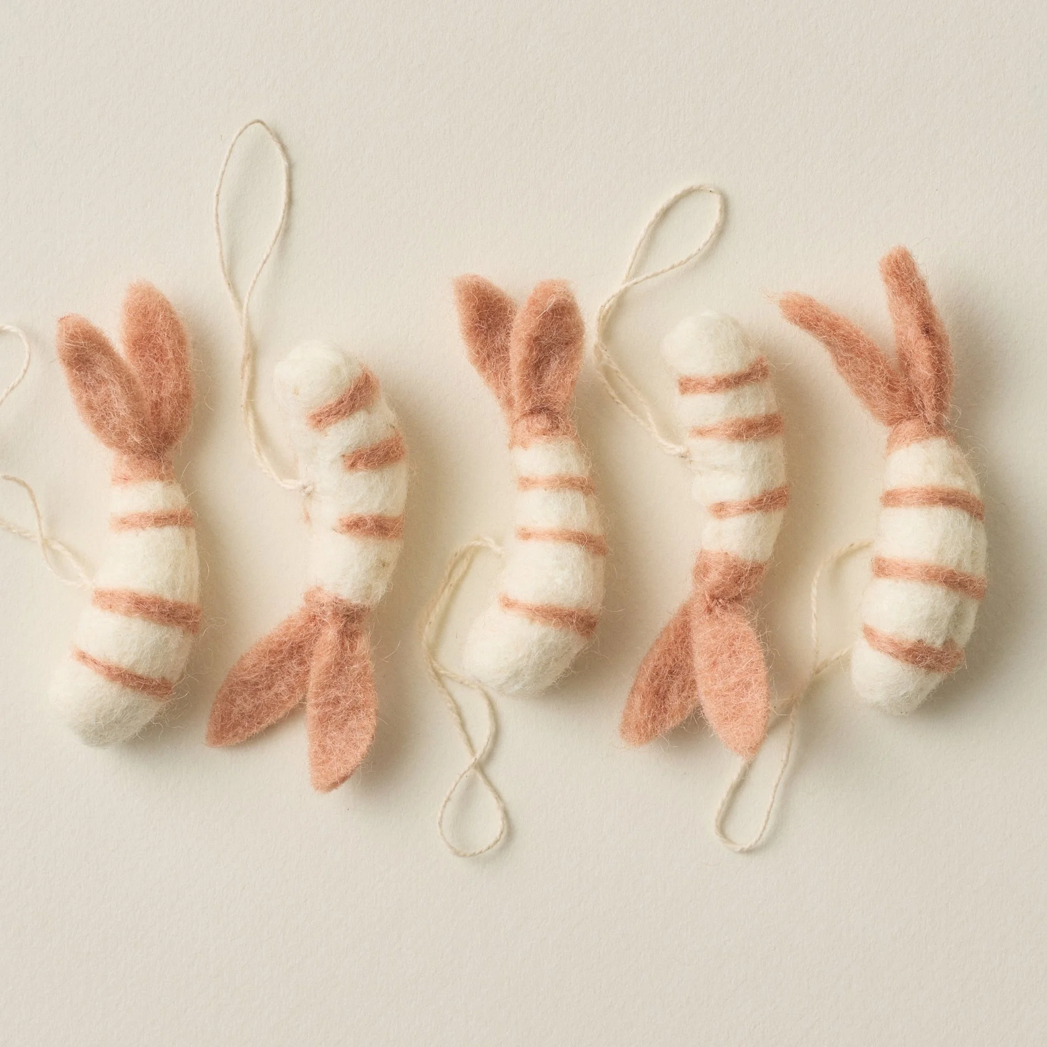 Five PetitFelts Cocktail Shrimp Christmas Ornaments
