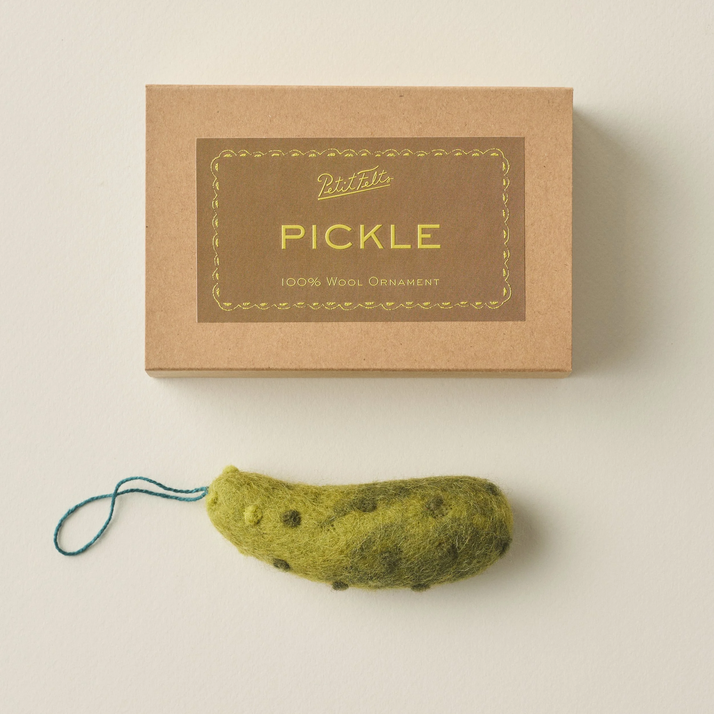 PetitFelts Christmas Pickle box closed with pickle ornament next to it