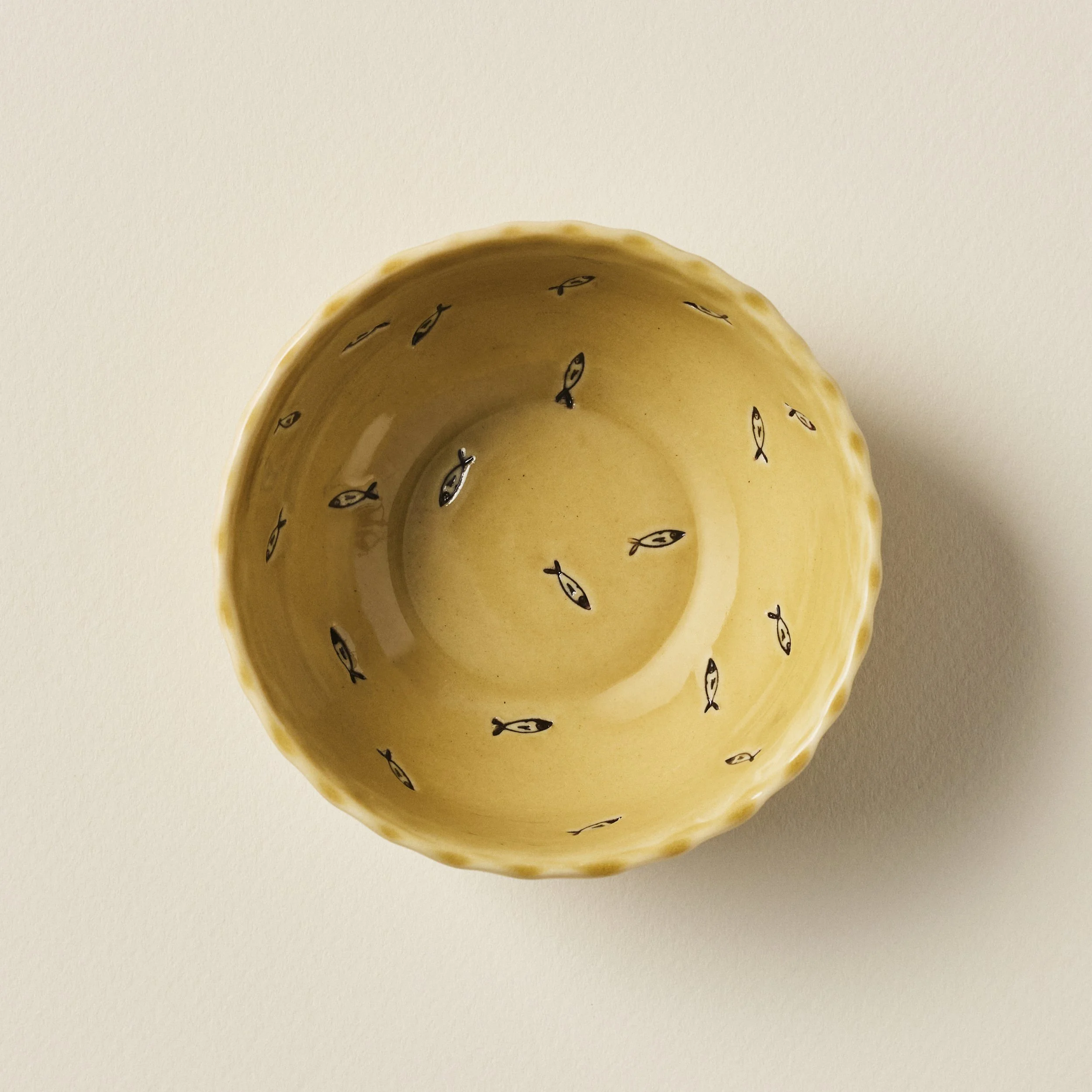 PetitFelts Petite Bowl small ceramic bowl with Julian sardine stamp pattern, Fennel glaze with Chicory inlay