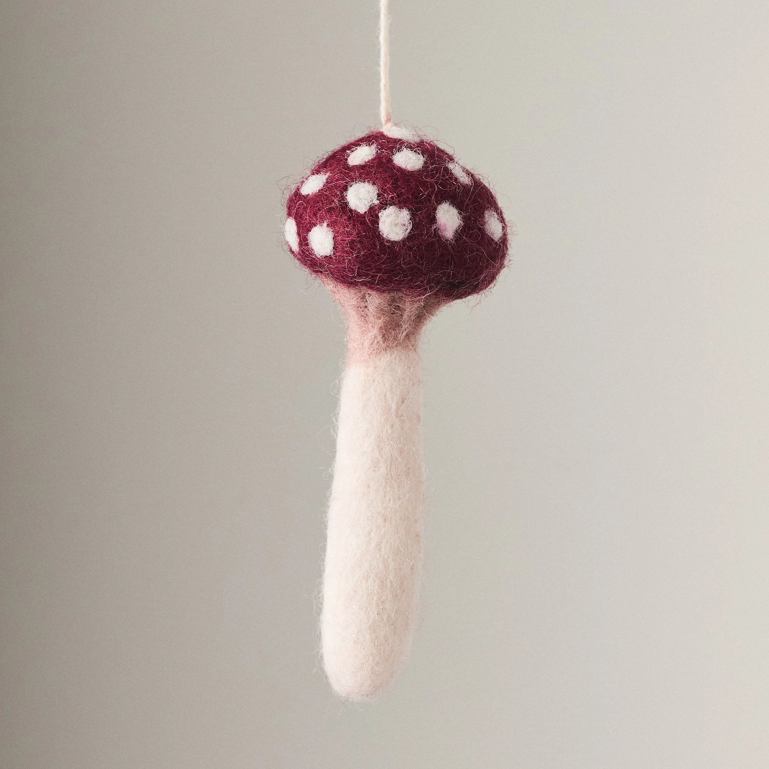 PetitFelts Plum Mushroom Christmas Ornament, deep purple felted mushroom with speckled cap