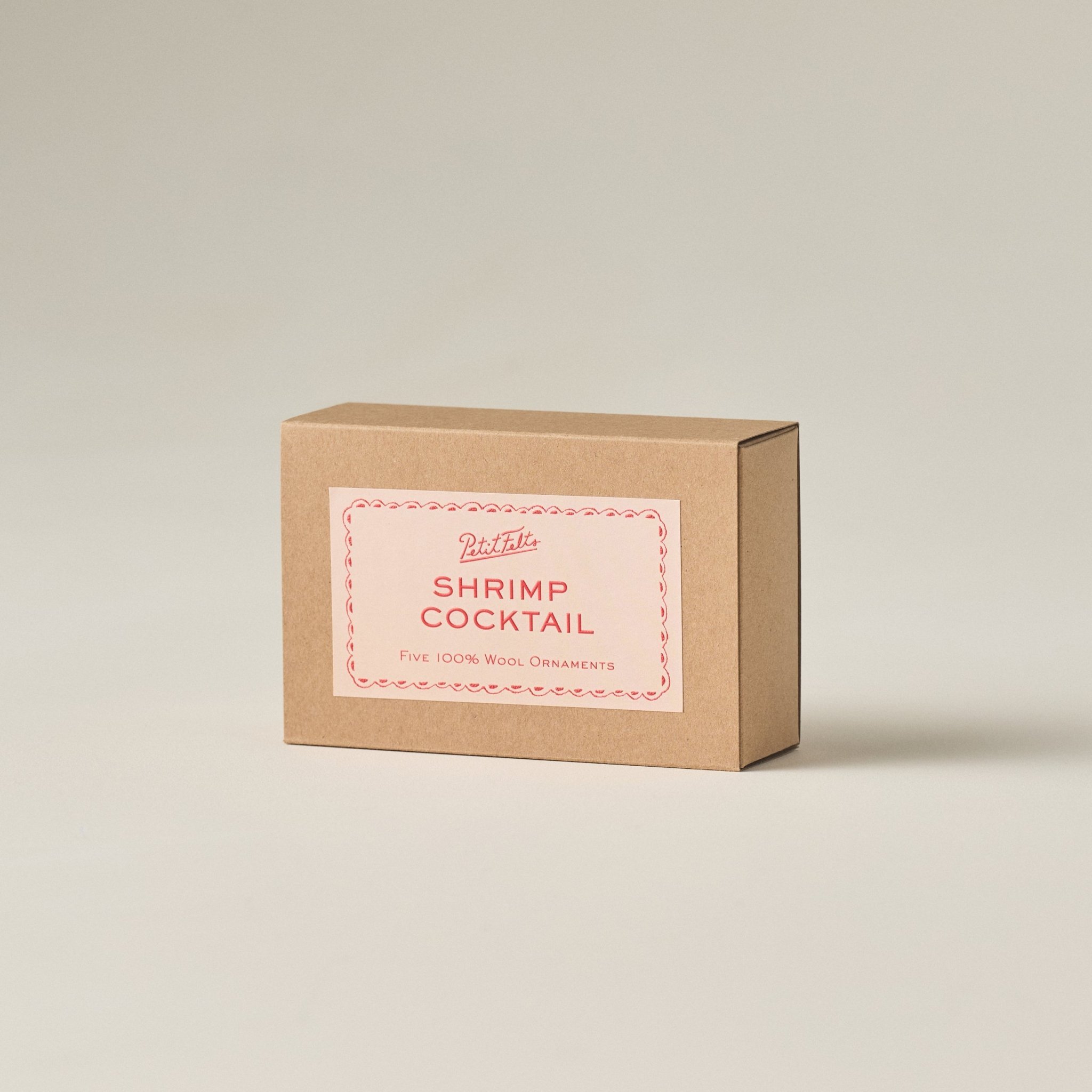 PetitFelts Shrimp ornament set box photographed on an angle