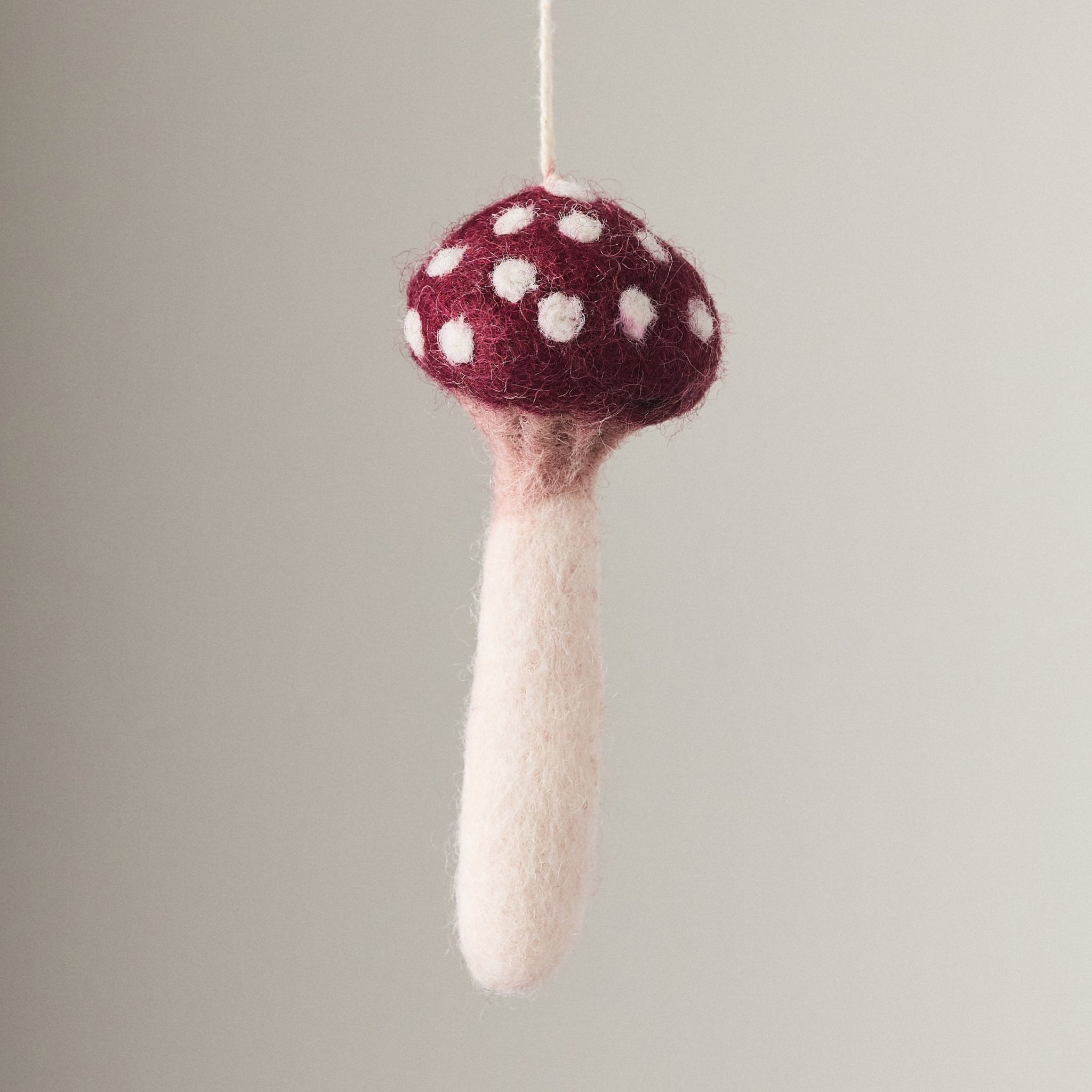 PetitFelts Plum Mushroom Christmas Ornament, deep purple felted mushroom with speckled cap