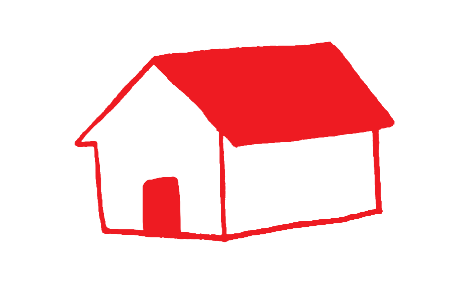 A simple illustration of a house with red roof and door, white walls, and sketchy lines.