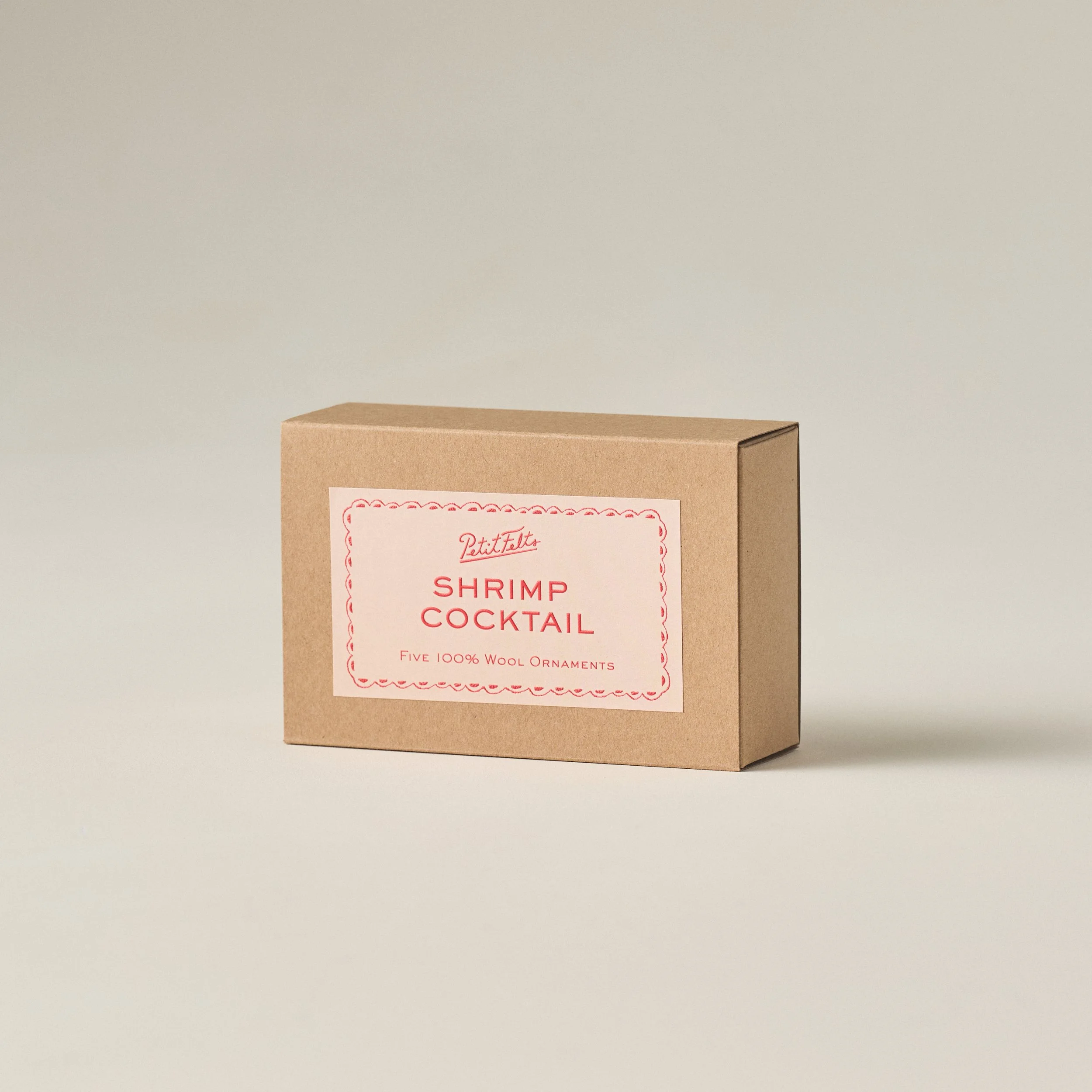 PetitFelts Shrimp ornament set box photographed on an angle