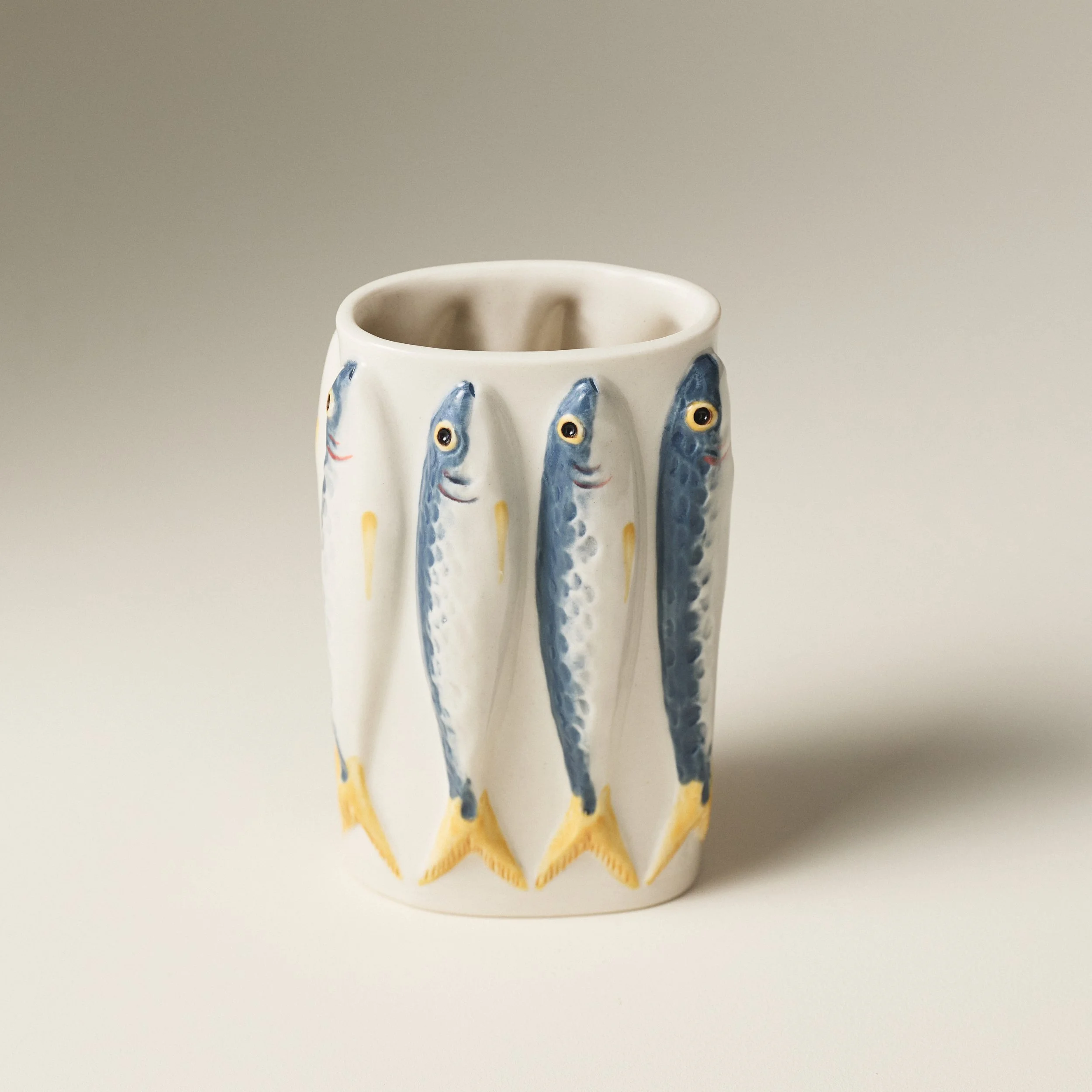 PetitFelts Julian ceramic vase, hand-painted with blue sardine design