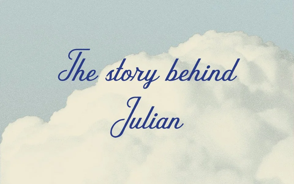 PetitFelts cloud background with "The story behind Julian" text