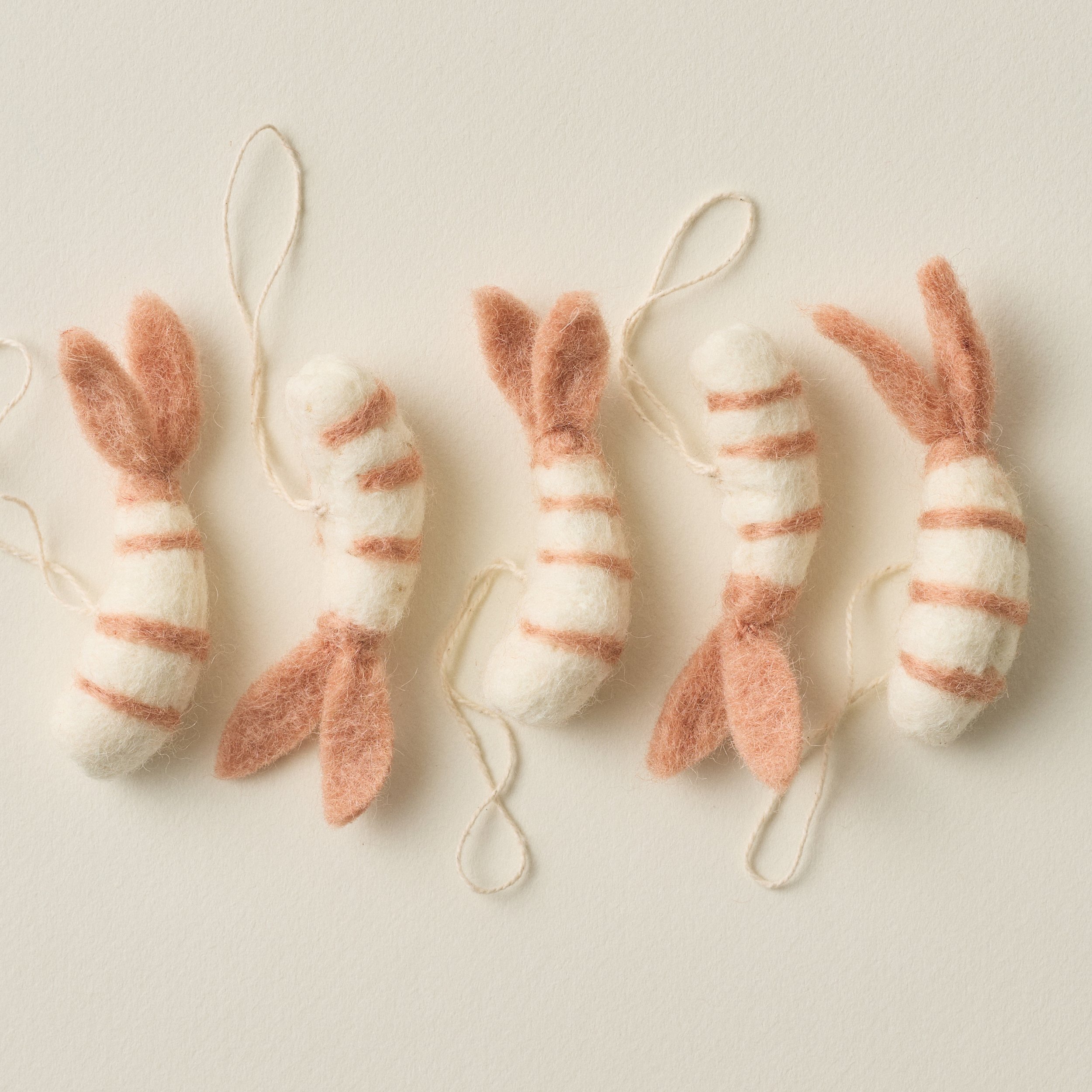 Five PetitFelts Cocktail Shrimp Christmas Ornaments