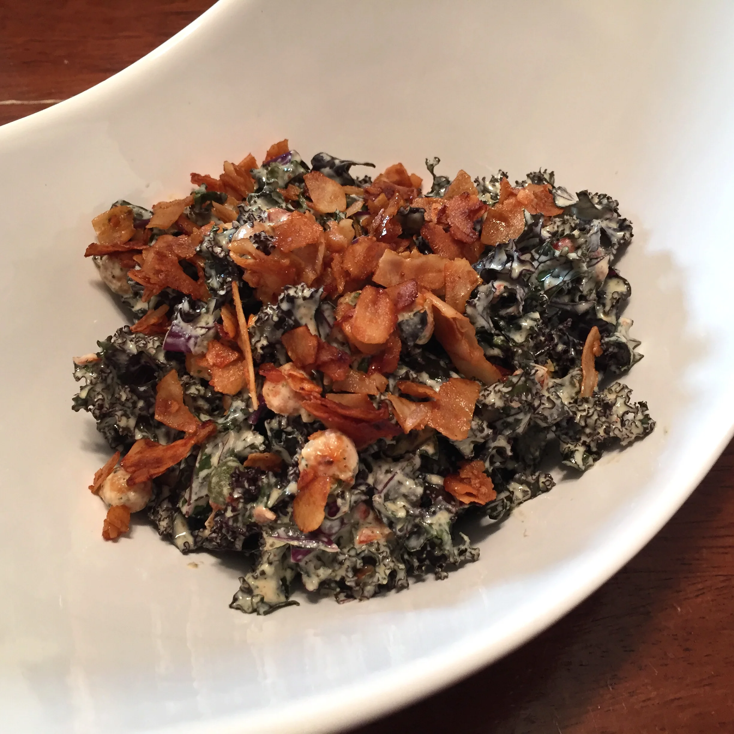 KALE CAESAR SALAD WITH CHICKPEA CROUTONS AND COCONUT BACON