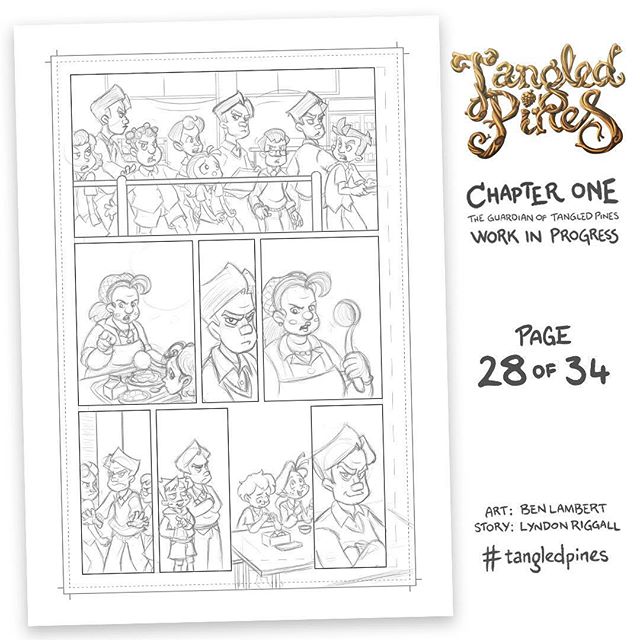 Pete shoves his way through the lunch queue, but the serving lady isn’t having any of that and shoos him off with a wave of her ladle. Thwarted, he casts his eye around for another target... #tangledpines #comics #wip